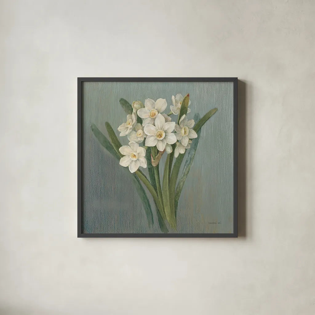 Cottage Narcissus by Danhui Nai. Shown in a sleek black glass frame for a contemporary gallery look. Available as an archival giclee rolled canvas, fine art paper, or poster print. SKU 83300a.