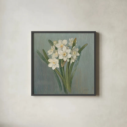 Cottage Narcissus by Danhui Nai. Shown in a sleek black glass frame for a contemporary gallery look. Available as an archival giclee rolled canvas, fine art paper, or poster print. SKU 83300a.