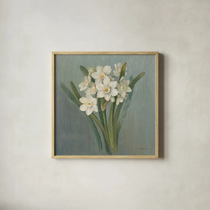 Cottage Narcissus by Danhui Nai. Shown in a natural wood glass frame for a timeless modern aesthetic. Available as an archival giclee rolled canvas, fine art paper, or poster print. SKU 83300a.