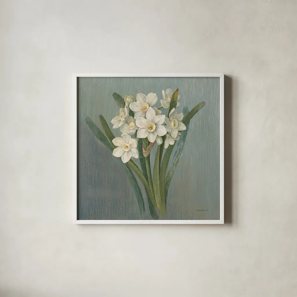 Cottage Narcissus by Danhui Nai. Shown in a crisp white glass frame for a clean and minimalist style. Available as an archival giclee rolled canvas, fine art paper, or poster print. SKU 83300a.