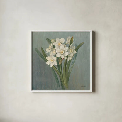 Cottage Narcissus by Danhui Nai. Shown in a crisp white glass frame for a clean and minimalist style. Available as an archival giclee rolled canvas, fine art paper, or poster print. SKU 83300a.