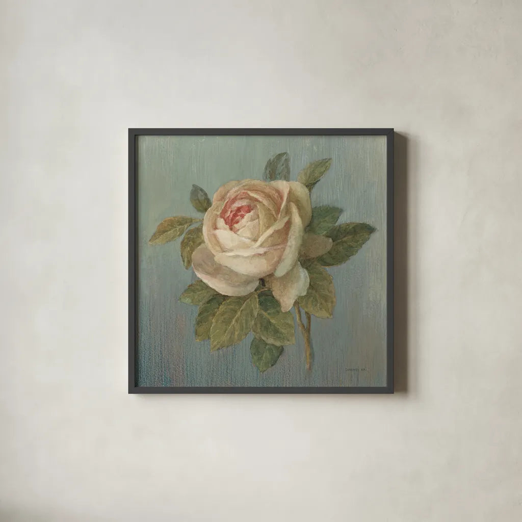 Cottage Rose by Danhui Nai. Shown in a sleek black glass frame for a contemporary gallery look. Available as an archival giclee rolled canvas, fine art paper, or poster print. SKU 5169a.