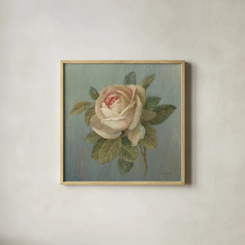 Cottage Rose by Danhui Nai. Shown in a natural wood glass frame for a timeless modern aesthetic. Available as an archival giclee rolled canvas, fine art paper, or poster print. SKU 5169a.
