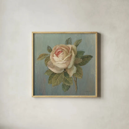 Cottage Rose by Danhui Nai. Shown in a natural wood glass frame for a timeless modern aesthetic. Available as an archival giclee rolled canvas, fine art paper, or poster print. SKU 5169a.