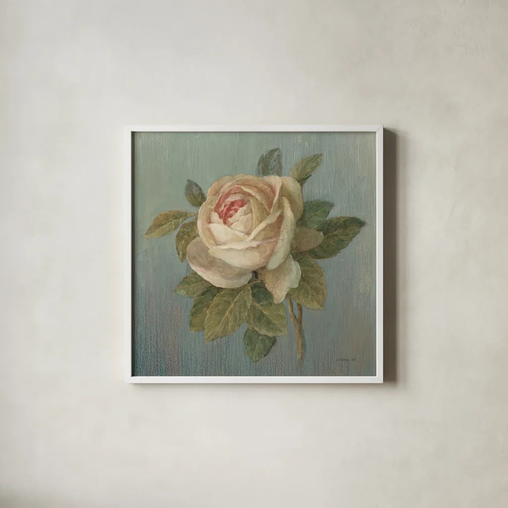 Cottage Rose by Danhui Nai. Shown in a crisp white glass frame for a clean and minimalist style. Available as an archival giclee rolled canvas, fine art paper, or poster print. SKU 5169a.