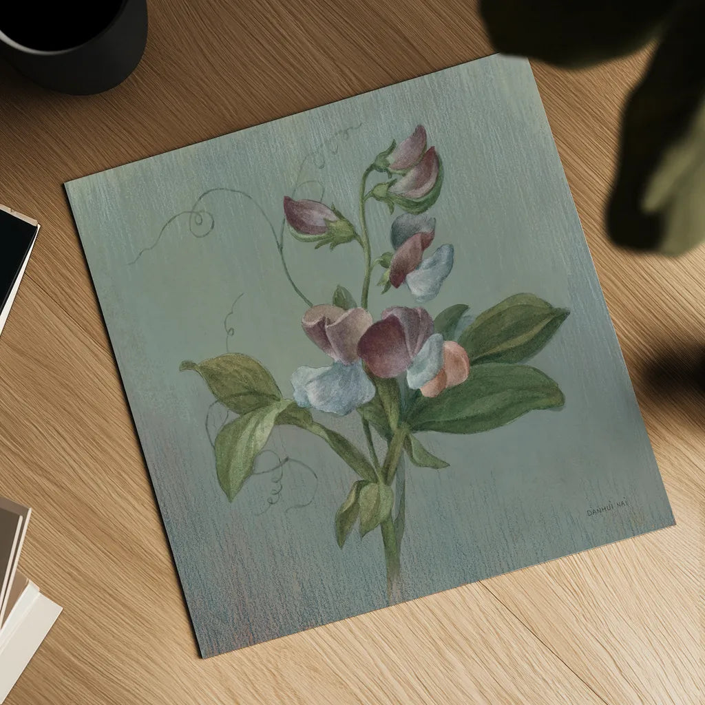 Cottage Sweet Pea by Danhui Nai. Shown as a detailed flat fine art print, highlighting archival giclee quality. Available as an archival giclee rolled canvas, fine art paper, or poster print. SKU 91989a.