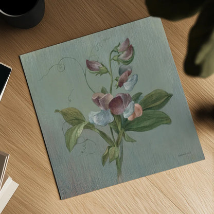 Cottage Sweet Pea by Danhui Nai. Shown as a detailed flat fine art print, highlighting archival giclee quality. Available as an archival giclee rolled canvas, fine art paper, or poster print. SKU 91989a.