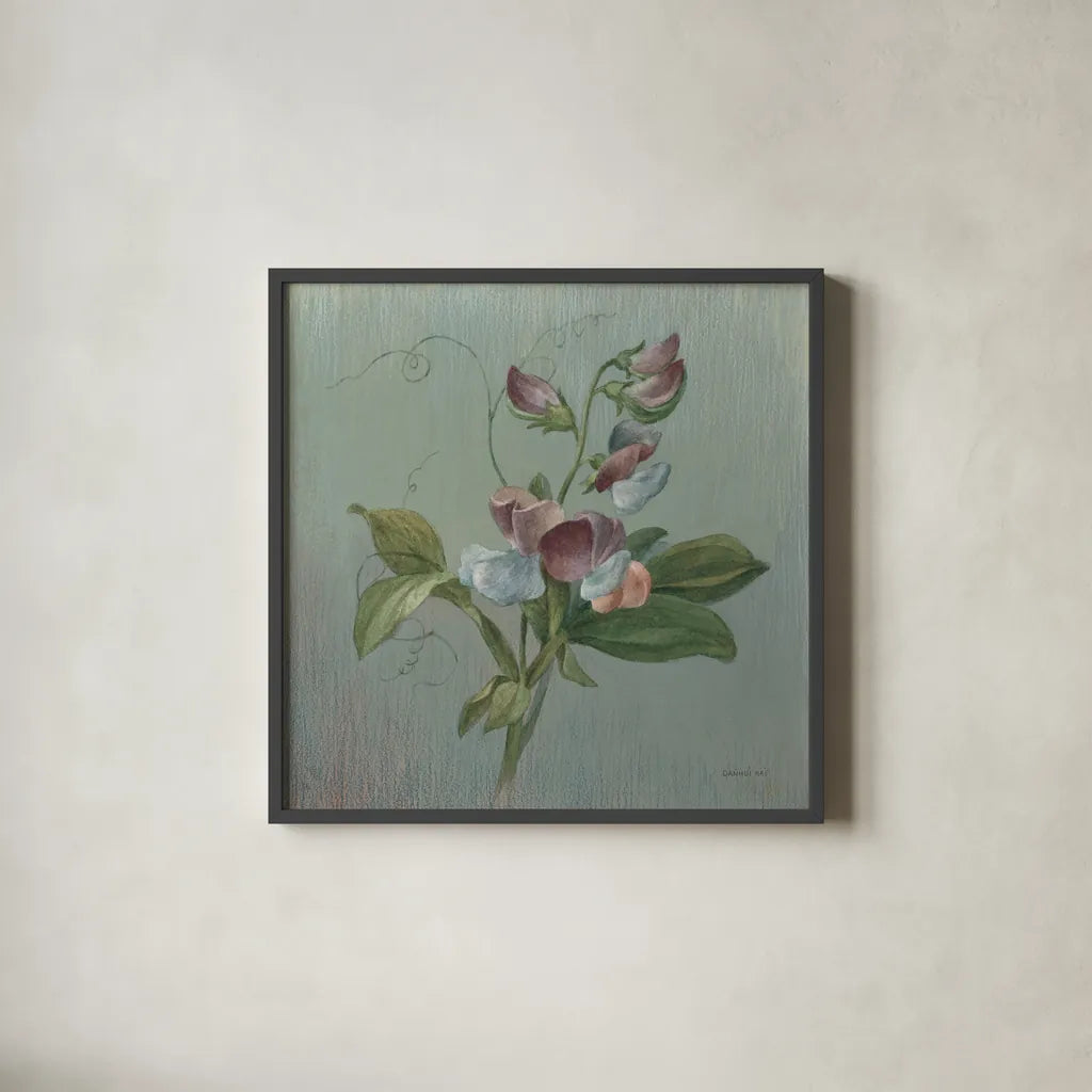 Cottage Sweet Pea by Danhui Nai. Shown in a sleek black glass frame for a contemporary gallery look. Available as an archival giclee rolled canvas, fine art paper, or poster print. SKU 91989a.