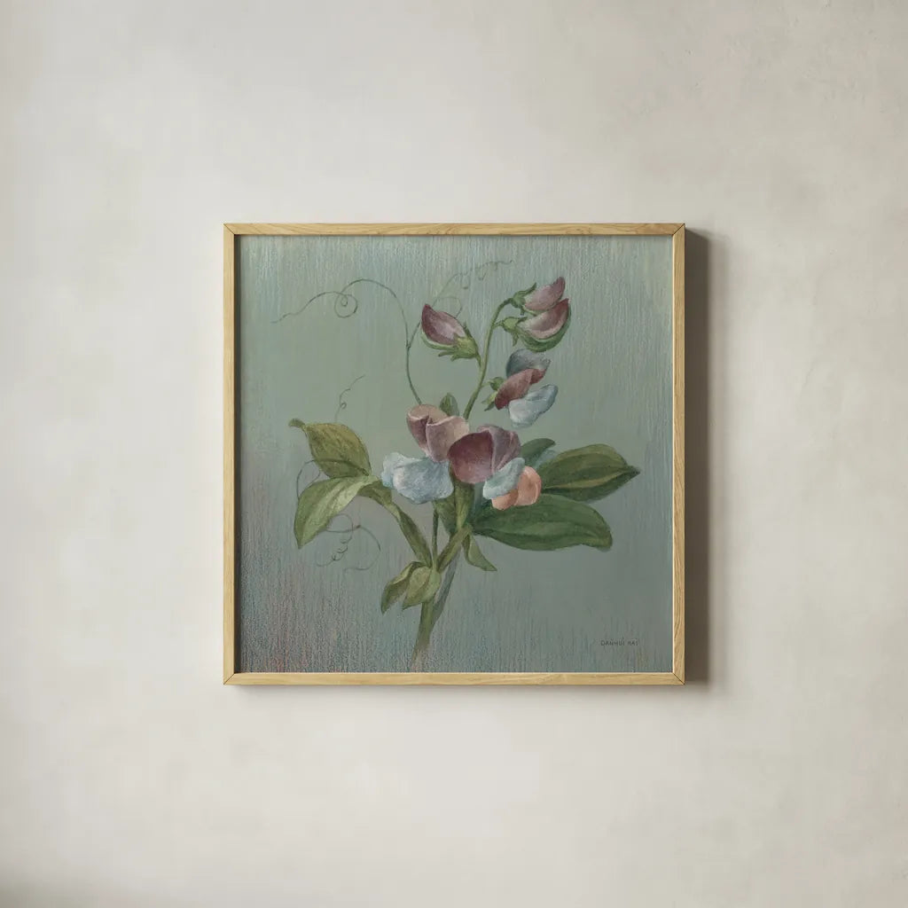 Cottage Sweet Pea by Danhui Nai. Shown in a natural wood glass frame for a timeless modern aesthetic. Available as an archival giclee rolled canvas, fine art paper, or poster print. SKU 91989a.
