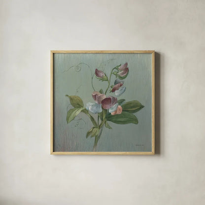 Cottage Sweet Pea by Danhui Nai. Shown in a natural wood glass frame for a timeless modern aesthetic. Available as an archival giclee rolled canvas, fine art paper, or poster print. SKU 91989a.