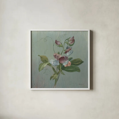 Cottage Sweet Pea by Danhui Nai. Shown in a crisp white glass frame for a clean and minimalist style. Available as an archival giclee rolled canvas, fine art paper, or poster print. SKU 91989a.
