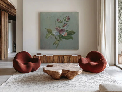 Cottage Sweet Pea by Danhui Nai. Shown as extra-large giant wall art in a modern living room. Available as an archival giclee rolled canvas, fine art paper, or poster print. SKU 91989a.