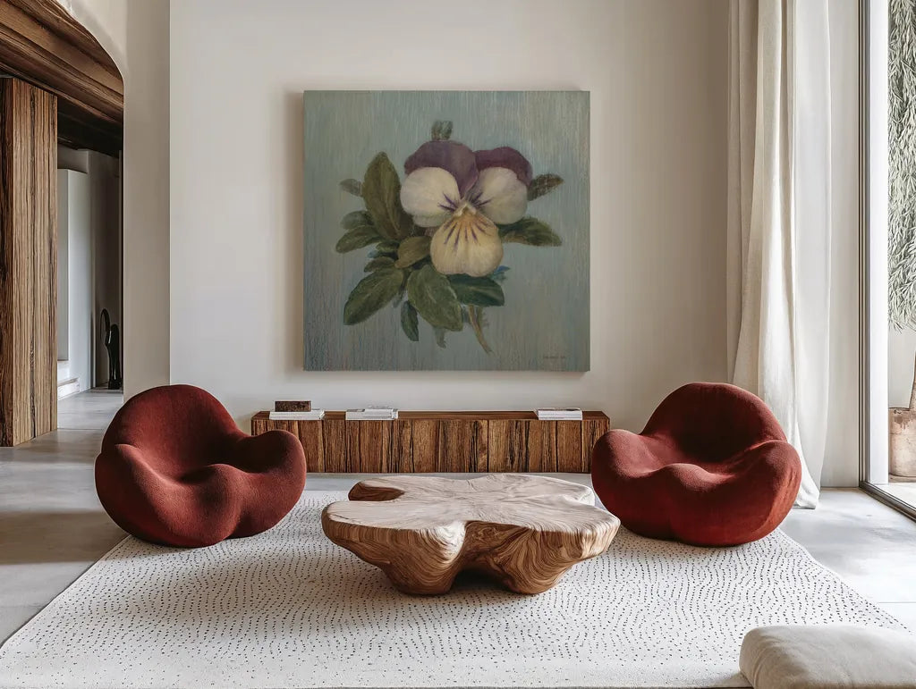 Cottage Violet by Danhui Nai. Shown as extra-large giant wall art in a modern living room. Available as an archival giclee rolled canvas, fine art paper, or poster print. SKU 5165a.