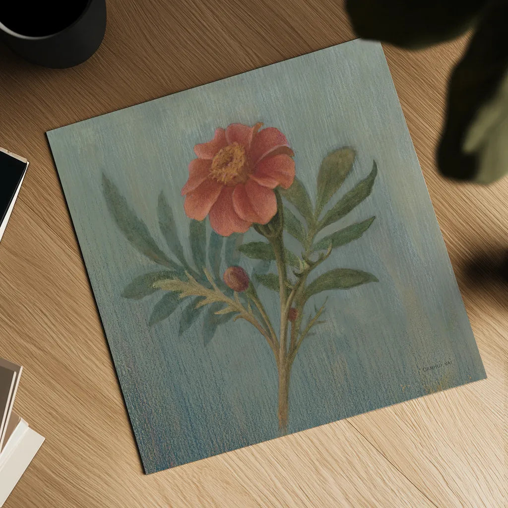Cottage Zinnia by Danhui Nai. Shown as a detailed flat fine art print, highlighting archival giclee quality. Available as an archival giclee rolled canvas, fine art paper, or poster print. SKU 5173a.