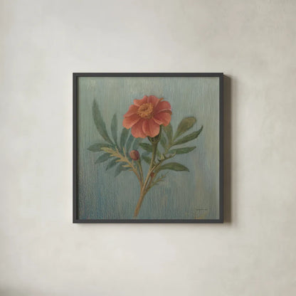 Cottage Zinnia by Danhui Nai. Shown in a sleek black glass frame for a contemporary gallery look. Available as an archival giclee rolled canvas, fine art paper, or poster print. SKU 5173a.