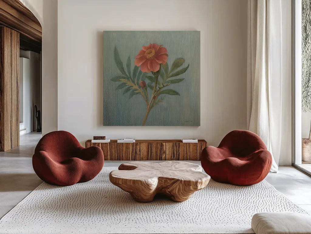 Cottage Zinnia by Danhui Nai. Shown as extra-large giant wall art in a modern living room. Available as an archival giclee rolled canvas, fine art paper, or poster print. SKU 5173a.