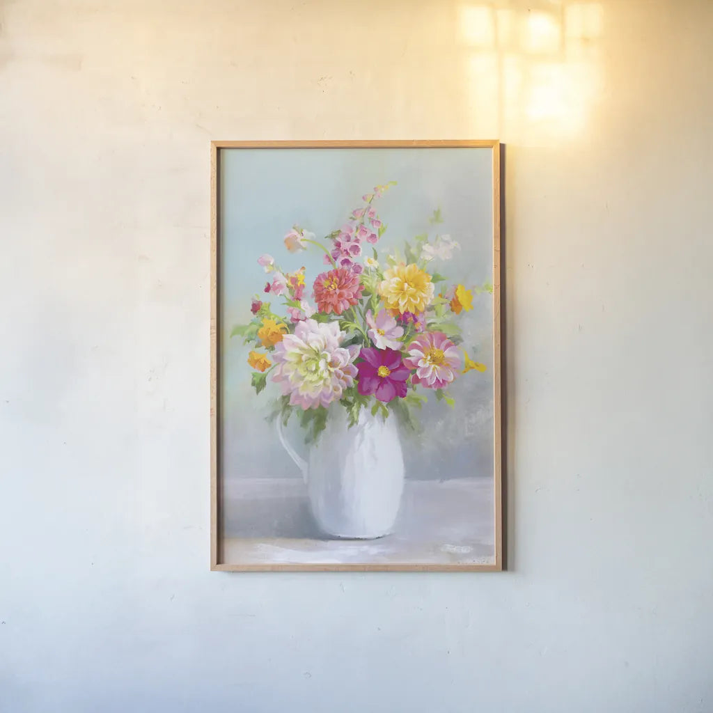 Country Bouquet I by Danhui Nai. shown as a paper print in a natural frame. Available as a archival giclee rolled canvas, fine art paper, or poster print. SKU 81341h.