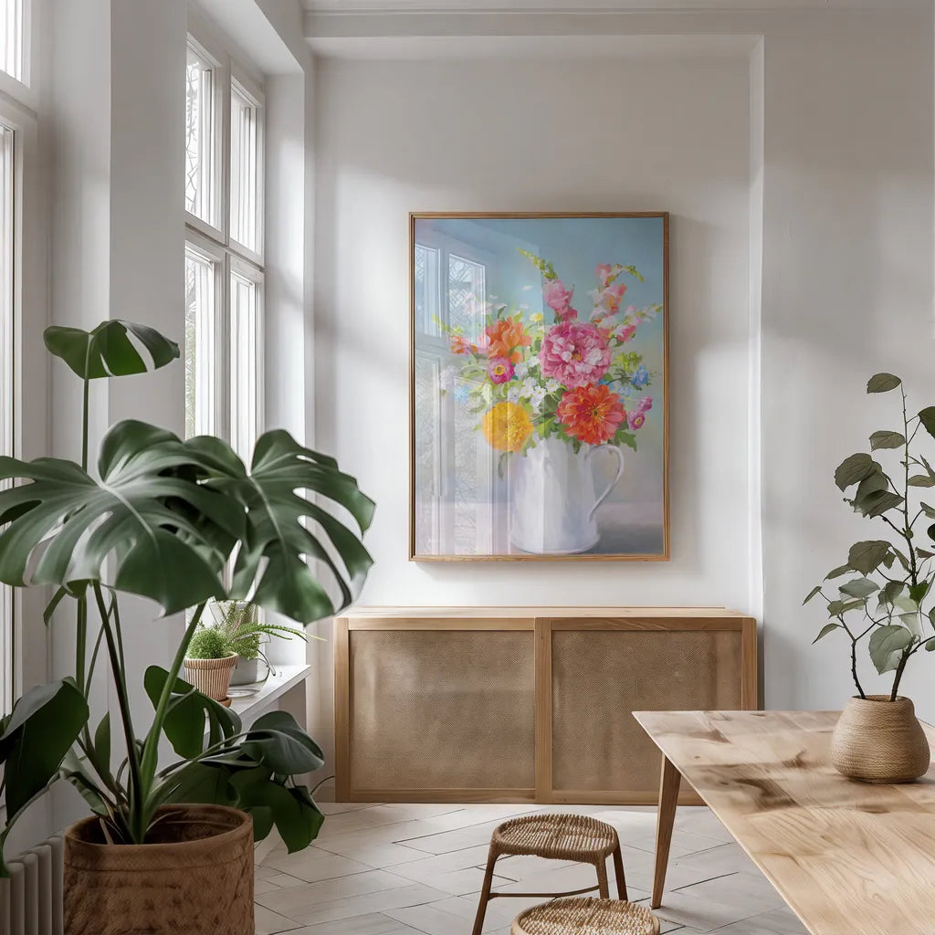 Country Bouquet II by Danhui Nai. shown as a print in a natural wood frame in a dining room. Available as a archival giclee rolled canvas, fine art paper, or poster print. SKU 81342h.