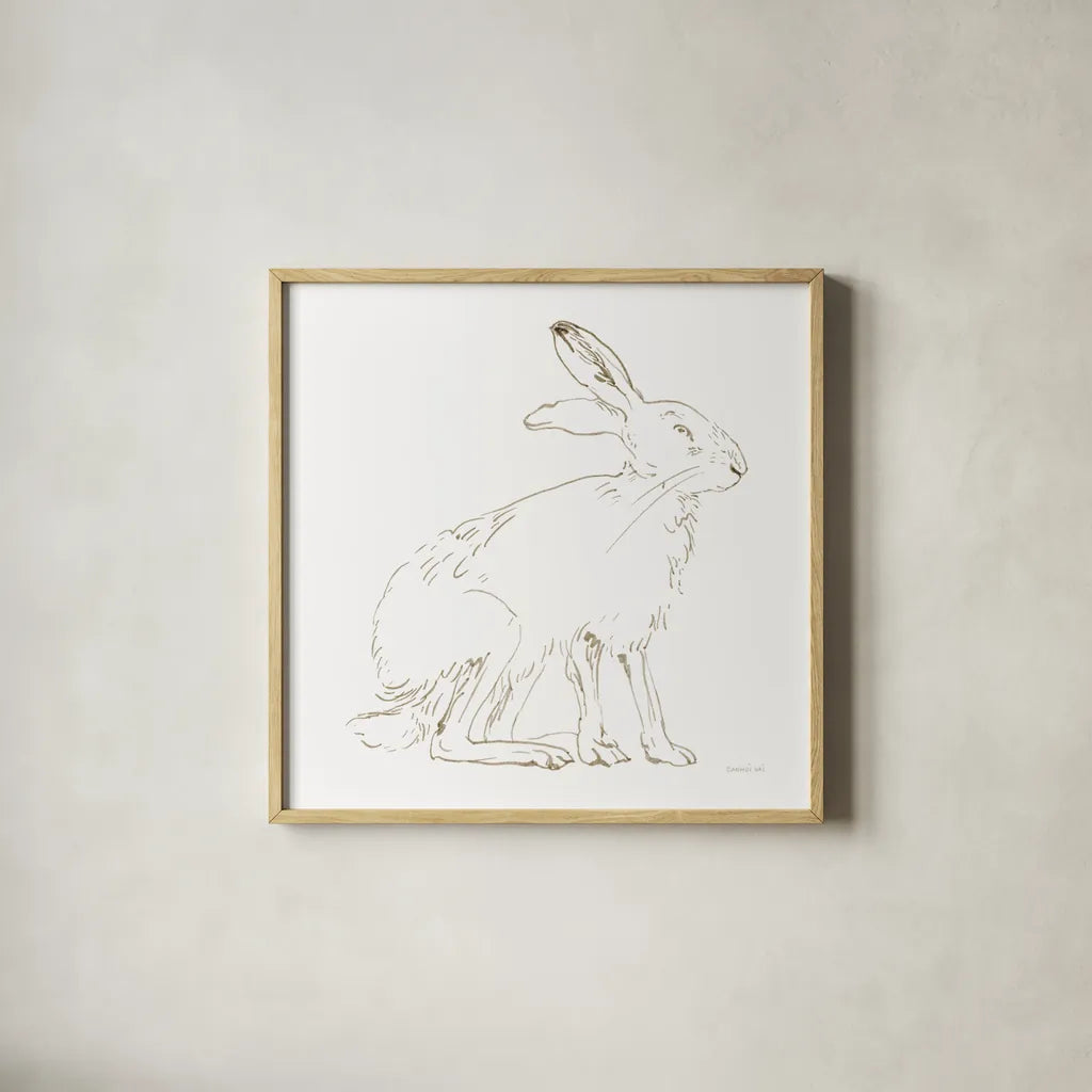 Country Hare by Danhui Nai. Shown in a natural wood glass frame for a timeless modern aesthetic. Available as an archival giclee rolled canvas, fine art paper, or poster print. SKU 88572a.