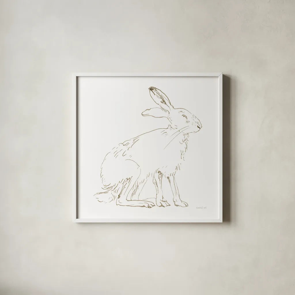 Country Hare by Danhui Nai. Shown in a crisp white glass frame for a clean and minimalist style. Available as an archival giclee rolled canvas, fine art paper, or poster print. SKU 88572a.