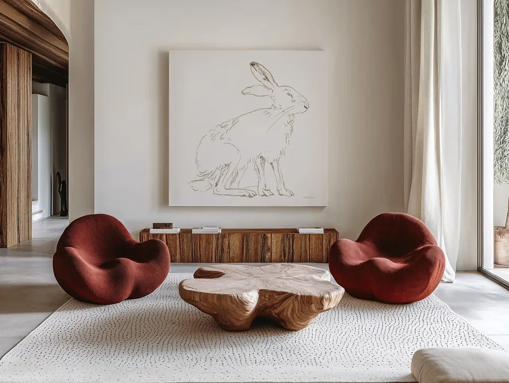 Country Hare by Danhui Nai. Shown as extra-large giant wall art in a modern living room. Available as an archival giclee rolled canvas, fine art paper, or poster print. SKU 88572a.