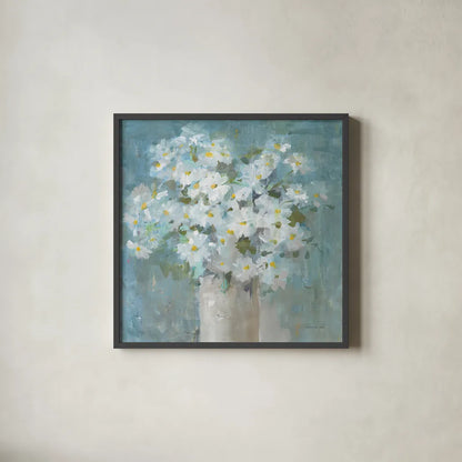 Daisies All Day by Danhui Nai. Shown in a sleek black glass frame for a contemporary gallery look. Available as an archival giclee rolled canvas, fine art paper, or poster print. SKU 78546a.