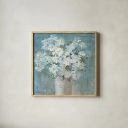 Daisies All Day by Danhui Nai. Shown in a natural wood glass frame for a timeless modern aesthetic. Available as an archival giclee rolled canvas, fine art paper, or poster print. SKU 78546a.