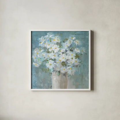 Daisies All Day by Danhui Nai. Shown in a crisp white glass frame for a clean and minimalist style. Available as an archival giclee rolled canvas, fine art paper, or poster print. SKU 78546a.