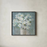 Daisies All Day Light by Danhui Nai. Shown in a sleek black glass frame for a contemporary gallery look. Available as an archival giclee rolled canvas, fine art paper, or poster print. SKU 81366a.