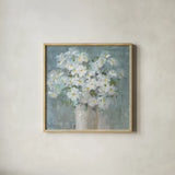 Daisies All Day Light by Danhui Nai. Shown in a natural wood glass frame for a timeless modern aesthetic. Available as an archival giclee rolled canvas, fine art paper, or poster print. SKU 81366a.