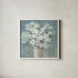 Daisies All Day Light by Danhui Nai. Shown in a crisp white glass frame for a clean and minimalist style. Available as an archival giclee rolled canvas, fine art paper, or poster print. SKU 81366a.