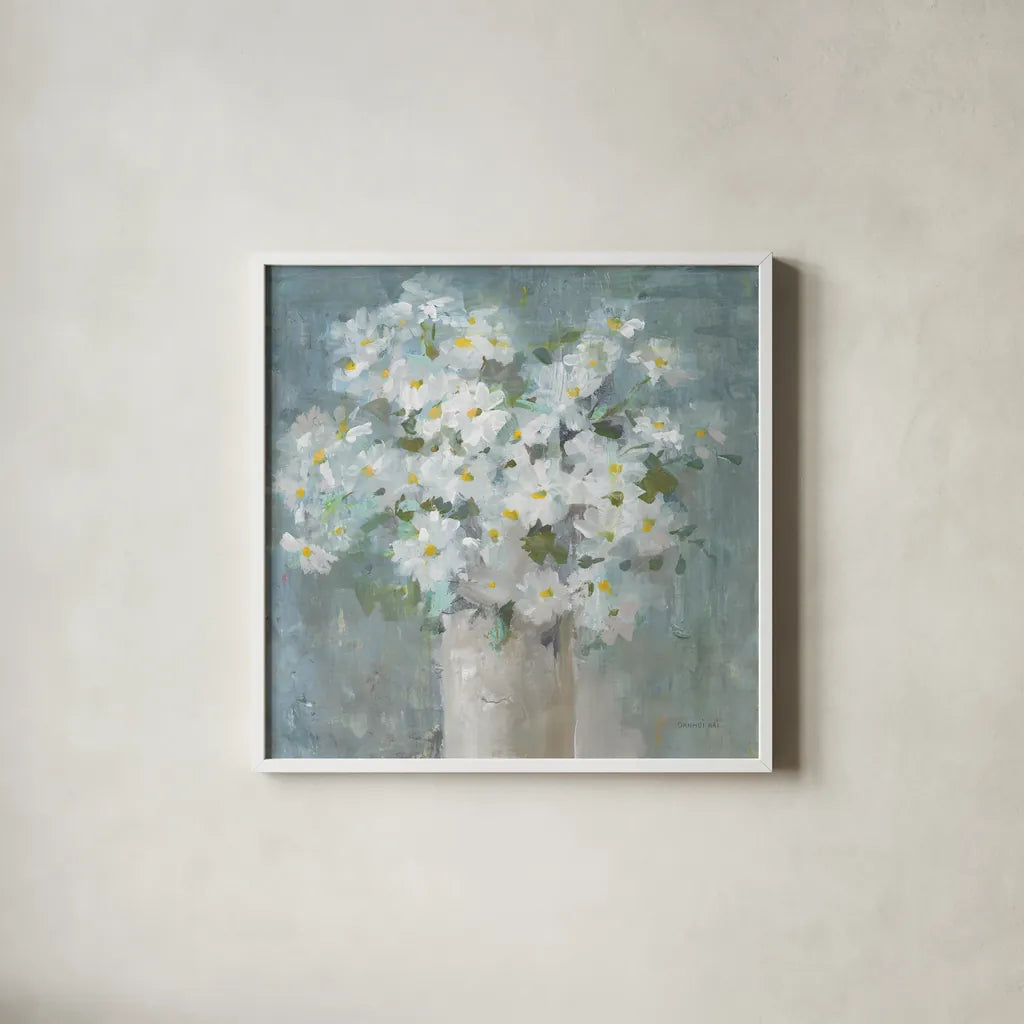 Daisies All Day Light by Danhui Nai. Shown in a crisp white glass frame for a clean and minimalist style. Available as an archival giclee rolled canvas, fine art paper, or poster print. SKU 81366a.