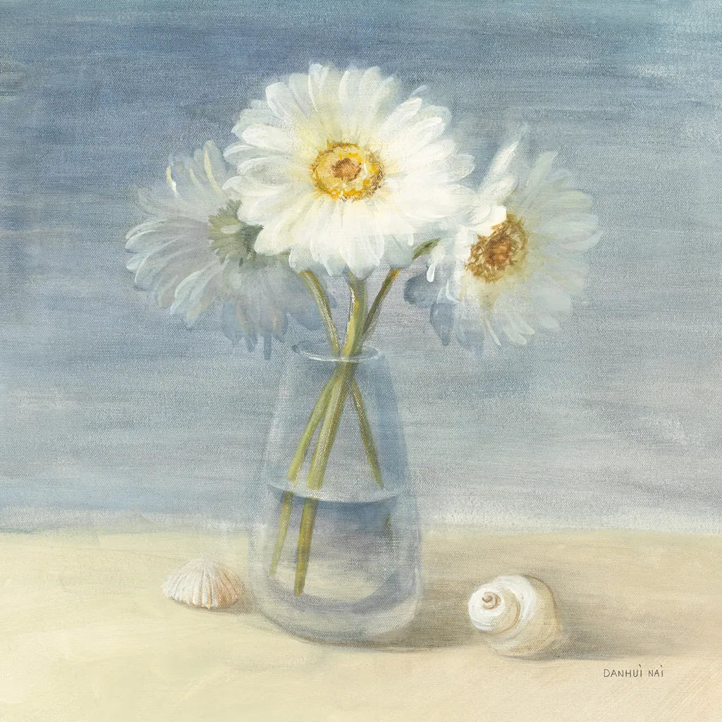 Daisies and Shells by Danhui Nai. SKU 2902a. Archival Giclee Fine art print for wall decor.
