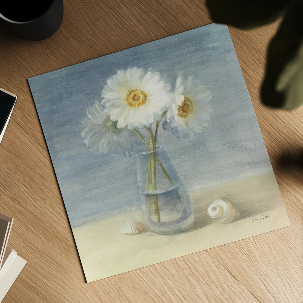 Daisies and Shells by Danhui Nai. Shown as a detailed flat fine art print, highlighting archival giclee quality. Available as an archival giclee rolled canvas, fine art paper, or poster print. SKU 2902a.