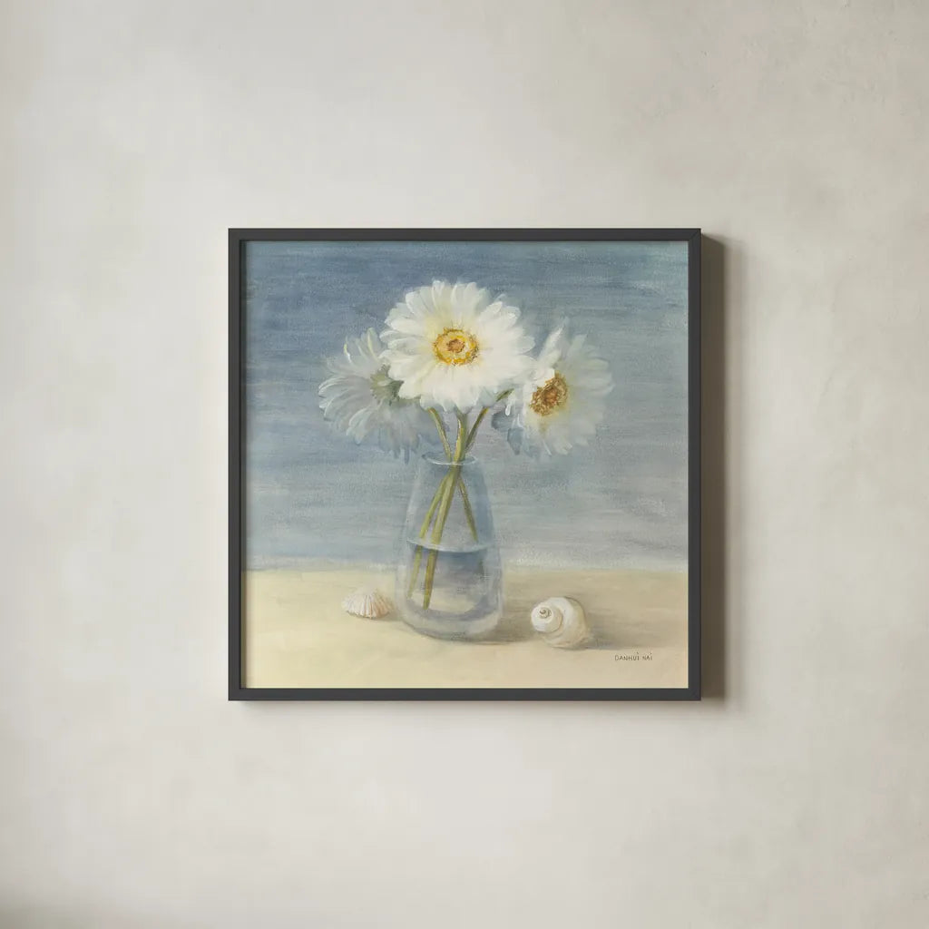 Daisies and Shells by Danhui Nai. Shown in a sleek black glass frame for a contemporary gallery look. Available as an archival giclee rolled canvas, fine art paper, or poster print. SKU 2902a.