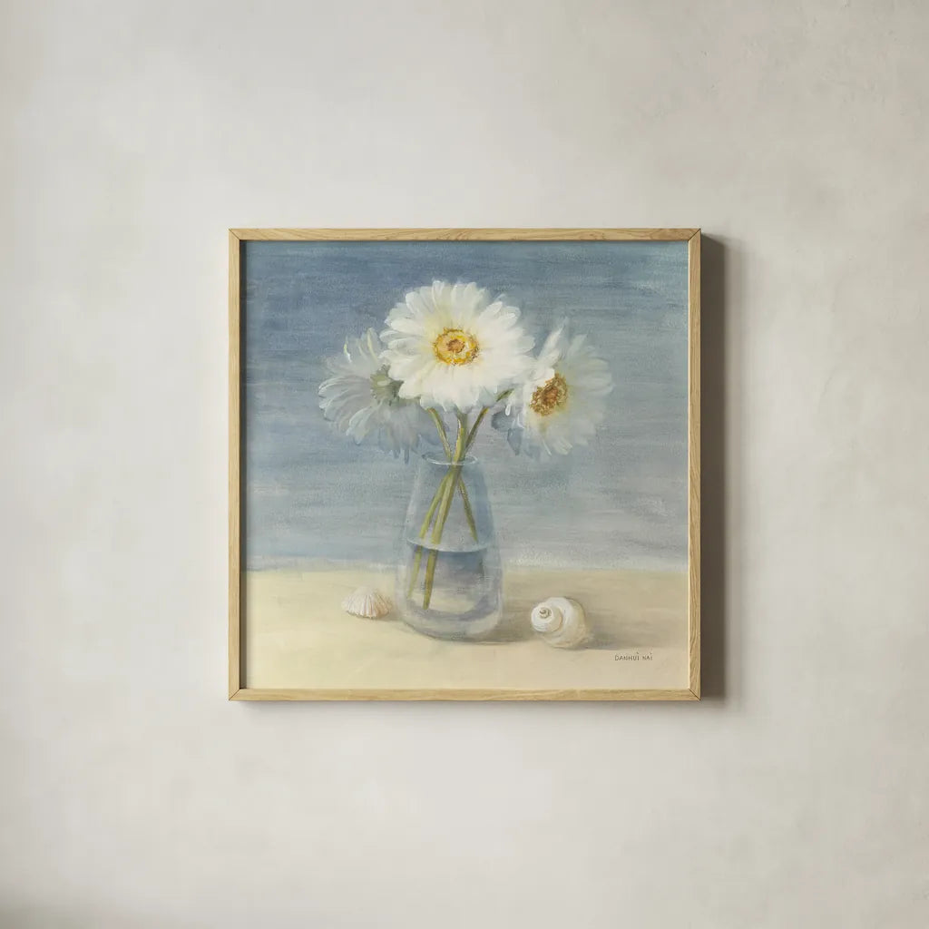 Daisies and Shells by Danhui Nai. Shown in a natural wood glass frame for a timeless modern aesthetic. Available as an archival giclee rolled canvas, fine art paper, or poster print. SKU 2902a.
