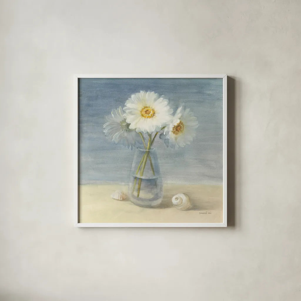 Daisies and Shells by Danhui Nai. Shown in a crisp white glass frame for a clean and minimalist style. Available as an archival giclee rolled canvas, fine art paper, or poster print. SKU 2902a.