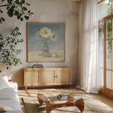 Daisies and Shells by Danhui Nai. Shown in a natural wood frame in a cozy modern living room. Available as an archival giclee rolled canvas, fine art paper, or poster print. SKU 2902a.