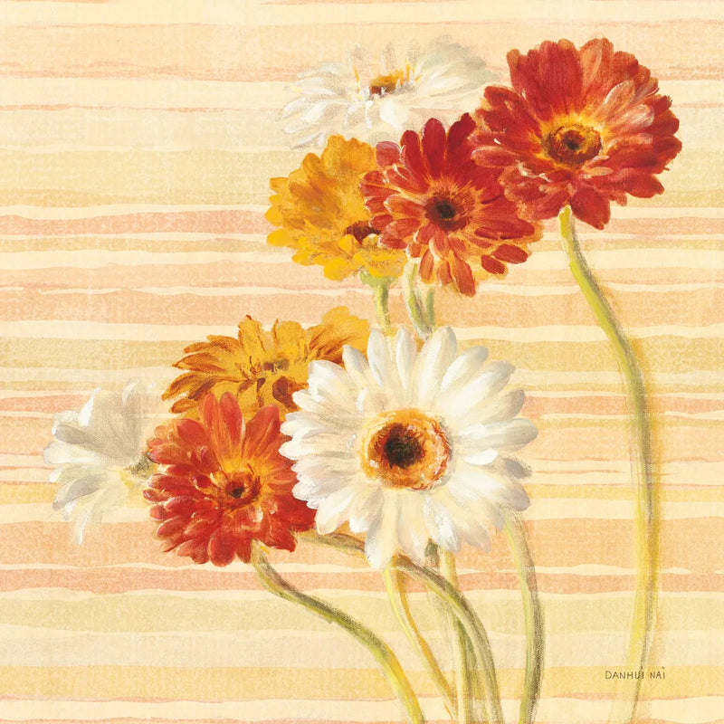 Dancing Gerberas on Stripes by Danhui Nai. SKU 1135a. Archival Giclee Fine art print for wall decor.