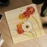 Dancing Gerberas on Stripes by Danhui Nai. Shown as a detailed flat fine art print, highlighting archival giclee quality. Available as an archival giclee rolled canvas, fine art paper, or poster print. SKU 1135a.