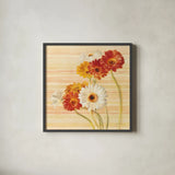 Dancing Gerberas on Stripes by Danhui Nai. Shown in a sleek black glass frame for a contemporary gallery look. Available as an archival giclee rolled canvas, fine art paper, or poster print. SKU 1135a.