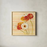 Dancing Gerberas on Stripes by Danhui Nai. Shown in a natural wood glass frame for a timeless modern aesthetic. Available as an archival giclee rolled canvas, fine art paper, or poster print. SKU 1135a.