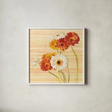 Dancing Gerberas on Stripes by Danhui Nai. Shown in a crisp white glass frame for a clean and minimalist style. Available as an archival giclee rolled canvas, fine art paper, or poster print. SKU 1135a.