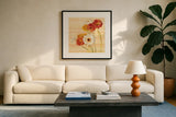 Dancing Gerberas on Stripes by Danhui Nai. Displayed in a glass frame with matte in a clean modern living room. Available as an archival giclee rolled canvas, fine art paper, or poster print. SKU 1135a.