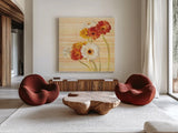 Dancing Gerberas on Stripes by Danhui Nai. Shown as extra-large giant wall art in a modern living room. Available as an archival giclee rolled canvas, fine art paper, or poster print. SKU 1135a.