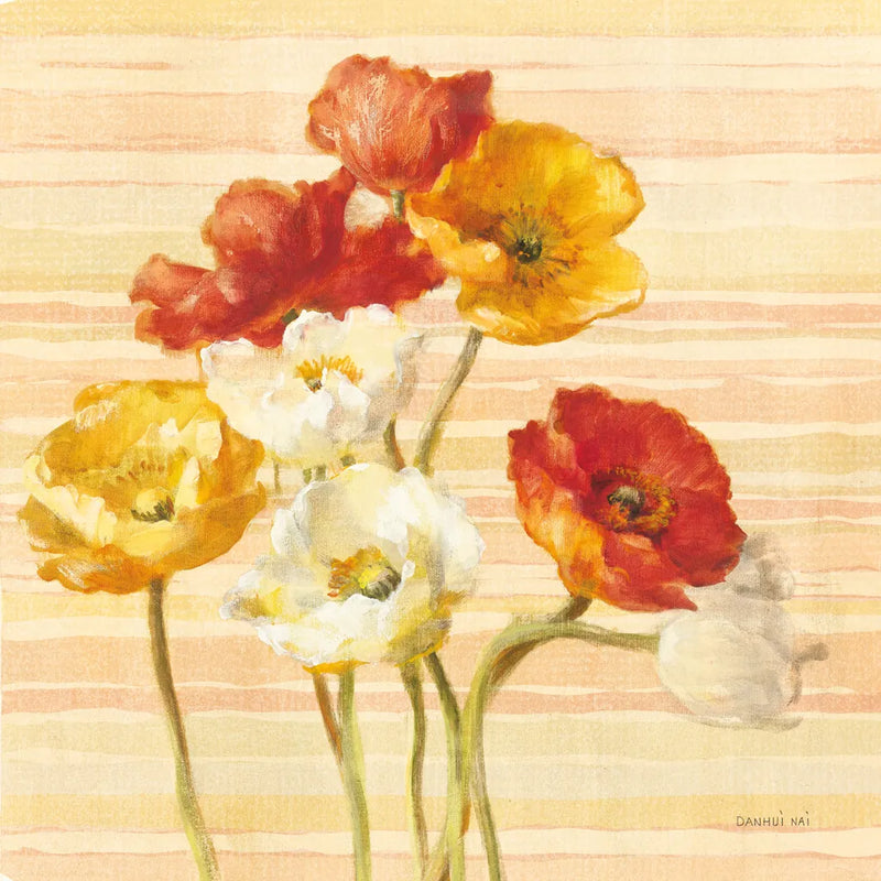 Dancing Poppies on Stripes by Danhui Nai. SKU 1136a. Archival Giclee Fine art print for wall decor.