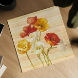 Dancing Poppies on Stripes by Danhui Nai. Shown as a detailed flat fine art print, highlighting archival giclee quality. Available as an archival giclee rolled canvas, fine art paper, or poster print. SKU 1136a.