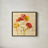 Dancing Poppies on Stripes by Danhui Nai. Shown in a sleek black glass frame for a contemporary gallery look. Available as an archival giclee rolled canvas, fine art paper, or poster print. SKU 1136a.