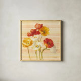 Dancing Poppies on Stripes by Danhui Nai. Shown in a natural wood glass frame for a timeless modern aesthetic. Available as an archival giclee rolled canvas, fine art paper, or poster print. SKU 1136a.