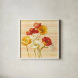Dancing Poppies on Stripes by Danhui Nai. Shown in a crisp white glass frame for a clean and minimalist style. Available as an archival giclee rolled canvas, fine art paper, or poster print. SKU 1136a.